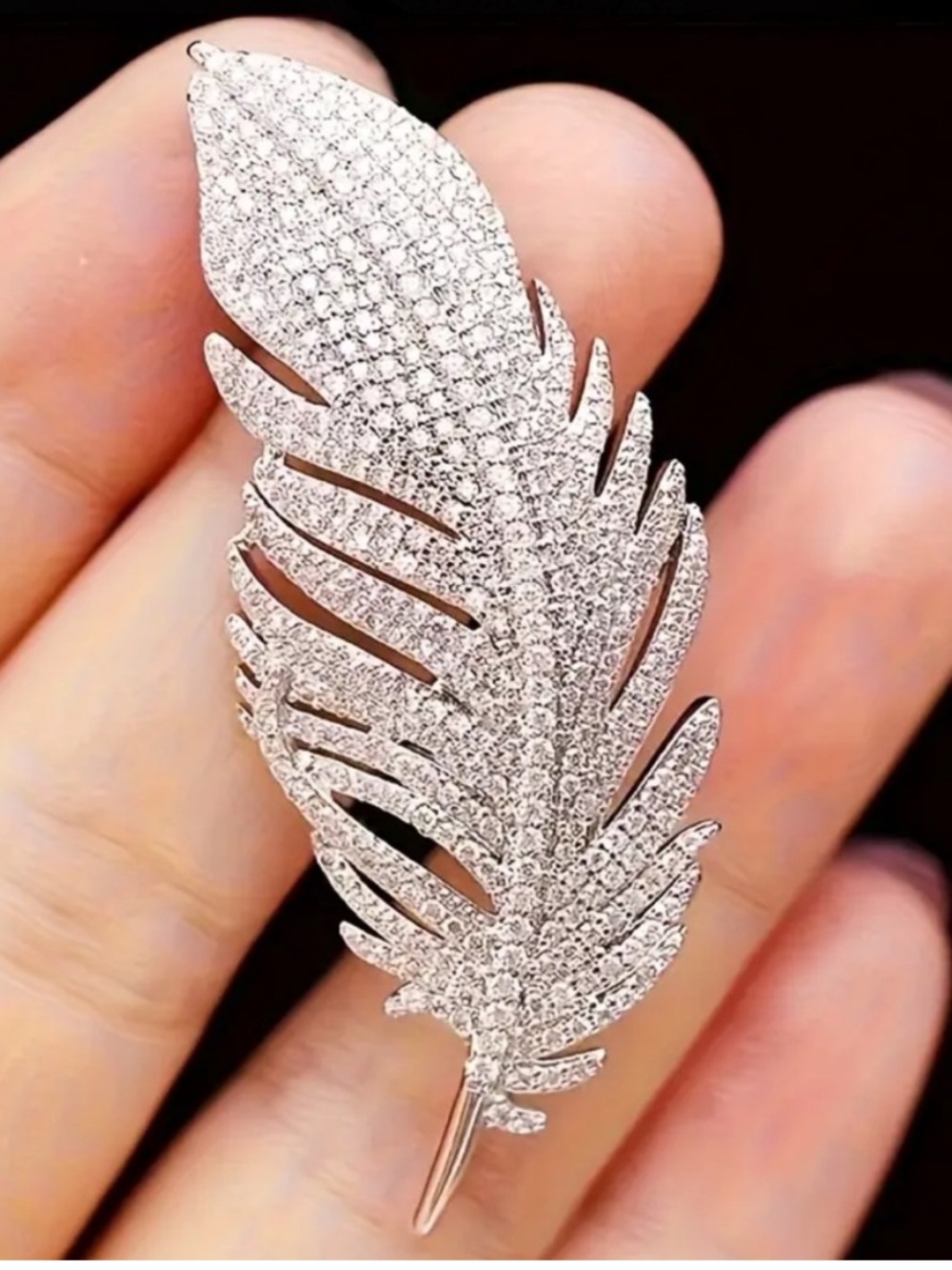 Silver Crystal Feather Brooch - Elegant Women's Jewelry